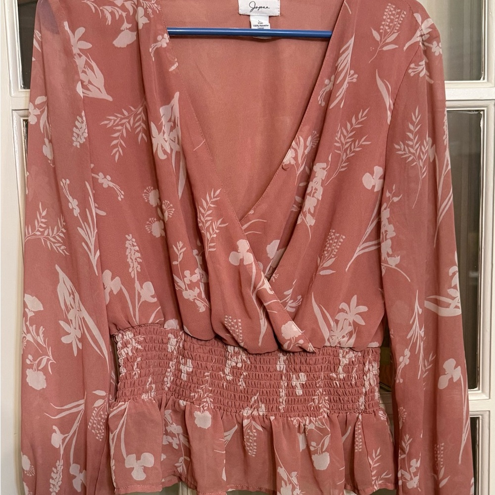 Chic Pink Wrap Peplum Blouse with Long Sleeves